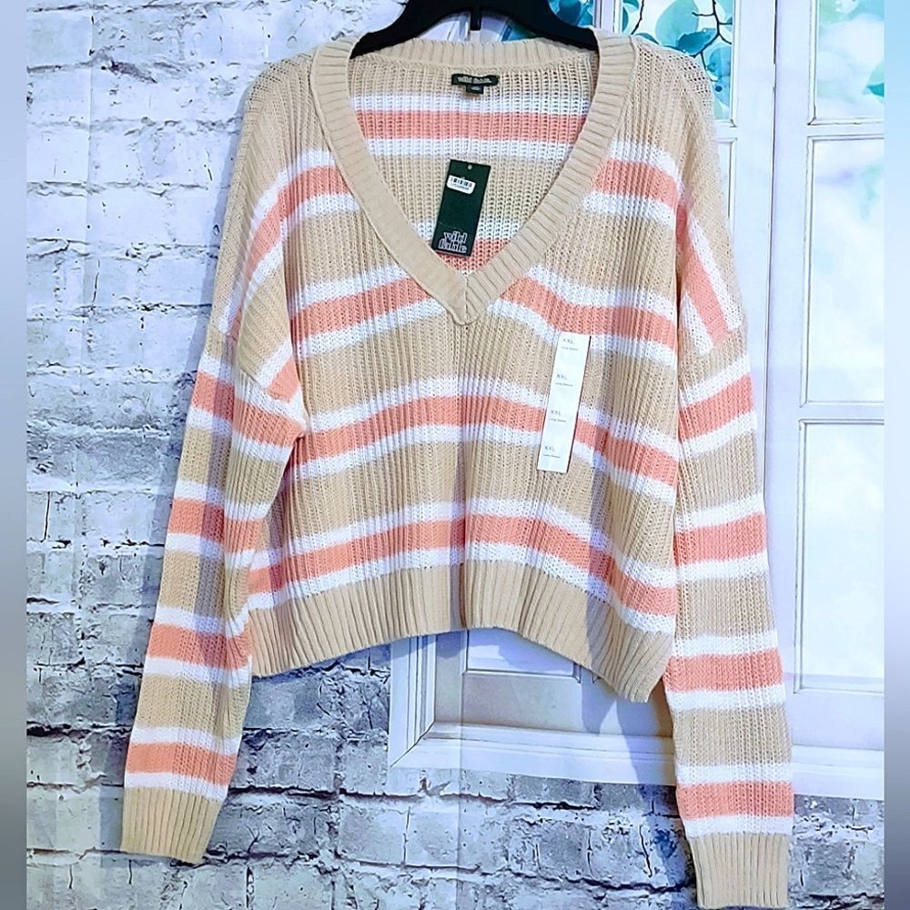 STRIPED TAN, PINK AND WHITE TIGHT KNIT CROPPED SWEATER LADIES SIZE XXL
